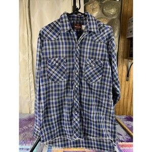 Vintage Wrangler Western Shirts Mens L 16-16.5 Blue Plaid Pearl Snap Long Sleeve